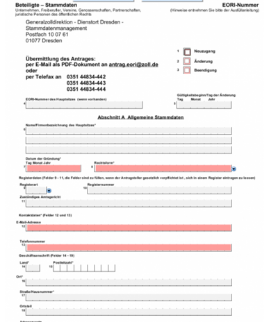 Beantragung einer EORI-Nummer