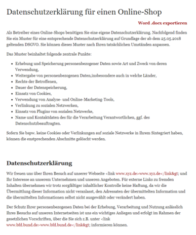 Erstellung einer Datenschutzerklärung nach DSGVO für Webseite oder Onlineshop