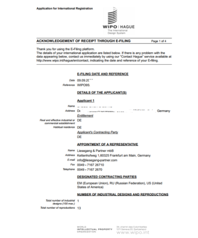 Internationale Registrierung eines Designs nach Haager Abkommen