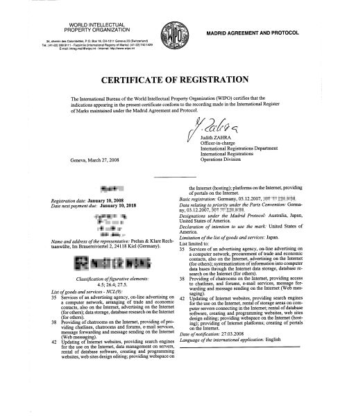 International Registration of a trademark (WIPO Madrid System, MMA, PMMA)